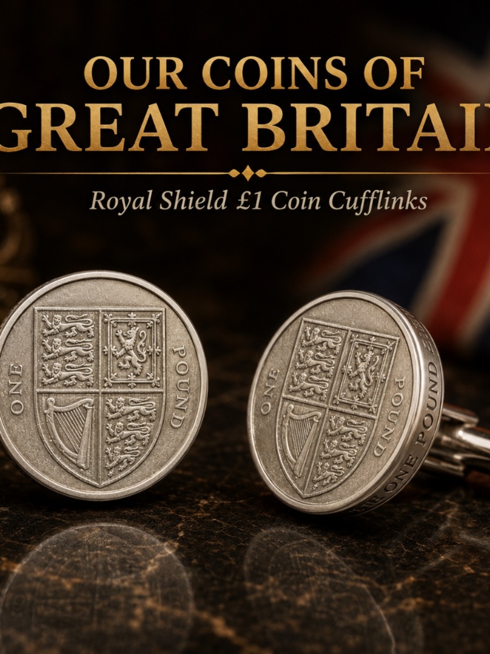 British £1 Coin Cufflinks – Royal Arms Shield Design – UK Currency